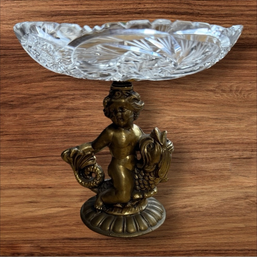 Vintage 1930’s Cherub Riding Koi Fish-Brass & Crystal Glass Pedestal Candy Dish